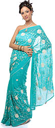 Sea-Green Sari with Large Flowers Embroidered All-Over