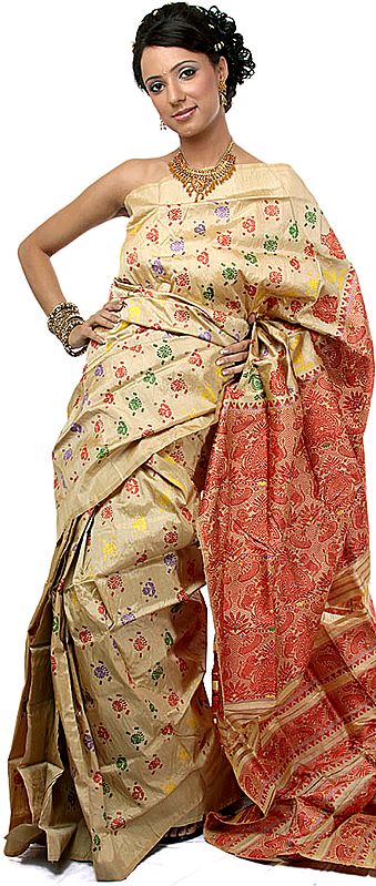 Hand-Woven Moonga Silk Sari from Assam with Multi-Color Weave