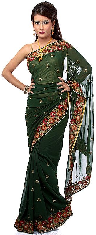 Dark-Green Sari with Parsi Embroidered Flowers on Border