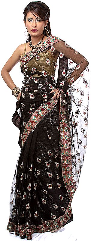 Black Shimmer Sari with Embroidered Bootis All-Over