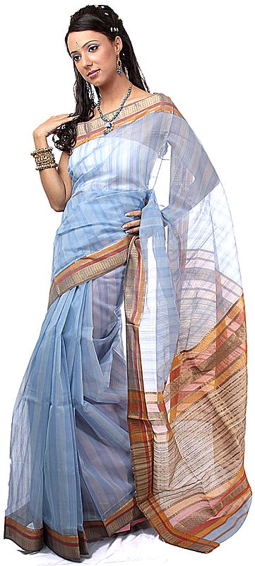 Light-Blue Maheshwari Sari Hand-woven in Madhya Pradesh