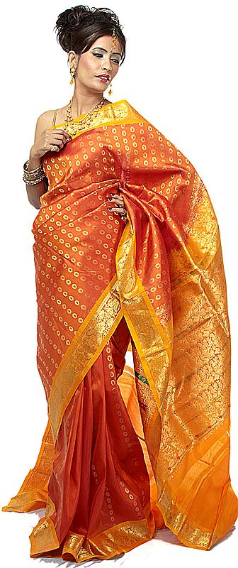 Orange and Golden Kanjivaram Sari with Bootis Woven All-Over
