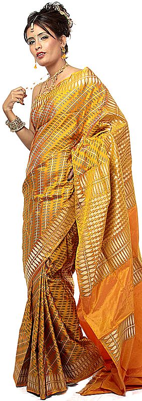 Golden-Yellow Sari from Banaras with All-Over Leaves Woven by Hand