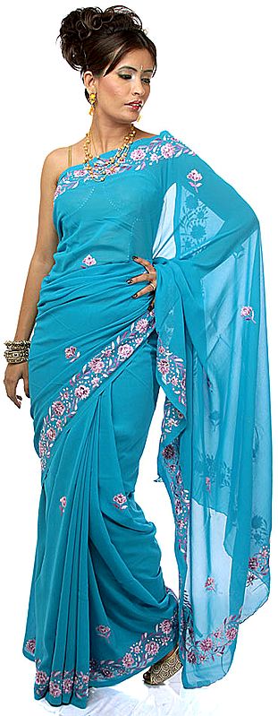 Sky-Blue Sari with Parsi Embroidered Flowers on Border