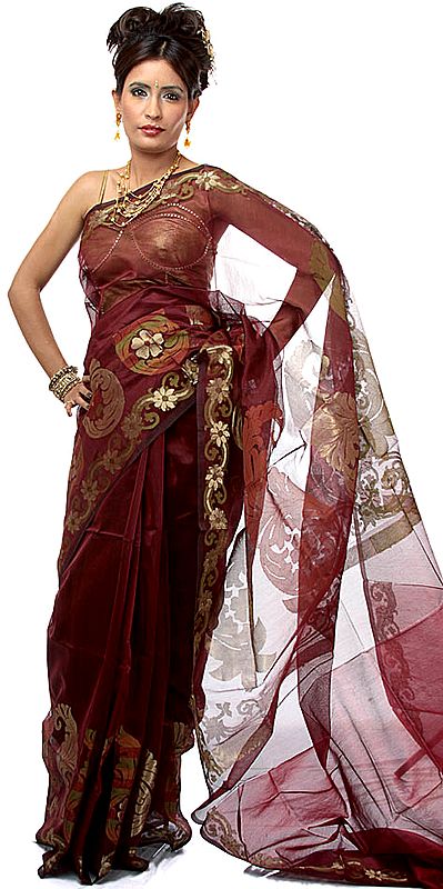 Maroon Banarasi Net Sari with Woven Paisleys and Flowers