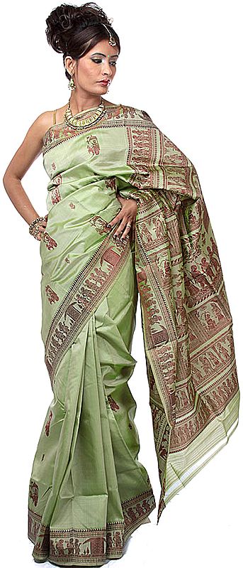 Tea-Green Baluchari Sari Depicting Hindu Mythological Episodes