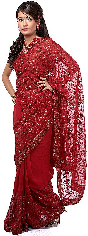 Red Georgette Sari with Antique Embroidery in Copper Thread