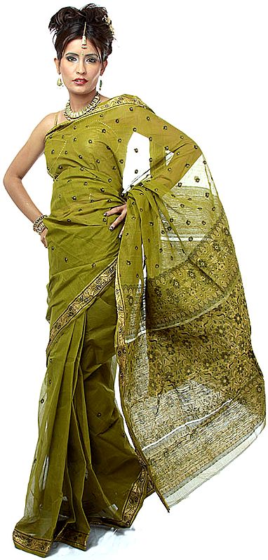 Moss Green Dhakai Sari from the East with Woven Bootis