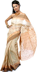 Pale-Orange Kantha Hand-Embroidered Sari from Bengal