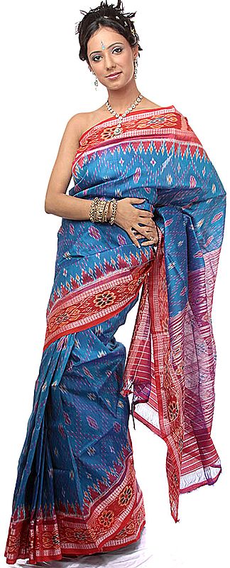 Royal-Blue Ikat Sari Hand-Woven in Pochampally