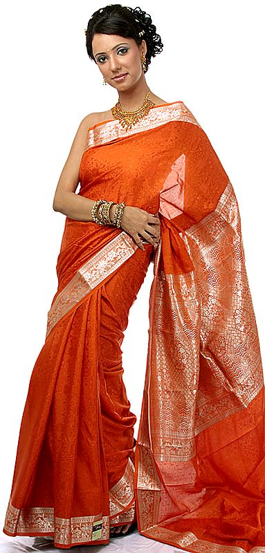 Hand-woven Orange Pure Mysore Silk Sari with Self Design