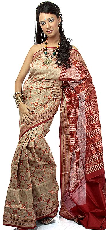 Beige Sambhalpuri Sari from Orissa with Ikat Weave All-Over