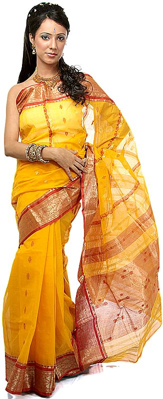 Amber Jamdani Hand-woven Sari with Zari Weave