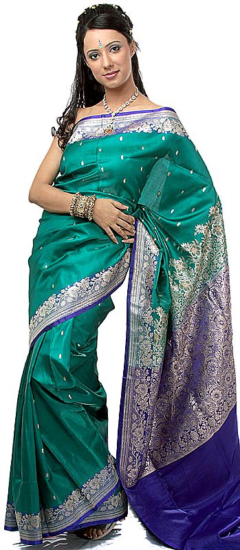 Green and Blue Banarasi Sari with Golden Bootis and Brocaded Anchal