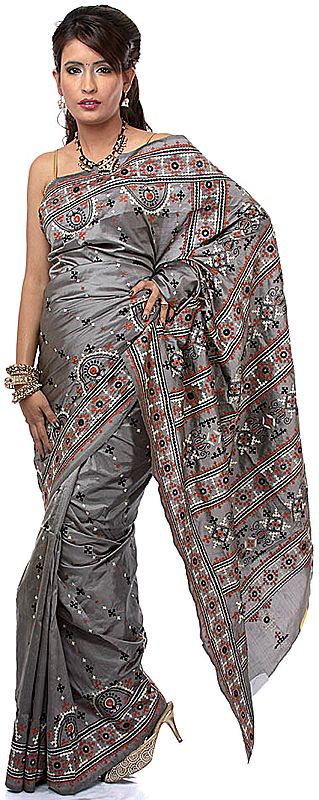 Gray Bengali Sari with Kantha Embroidery All-Over