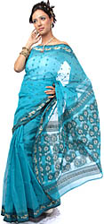 Sky-Blue Tengail Hand-woven Sari from Kolkata