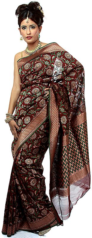 Brown Jamdani Sari from Banaras with Woven Flowers in Copper Colored Thread