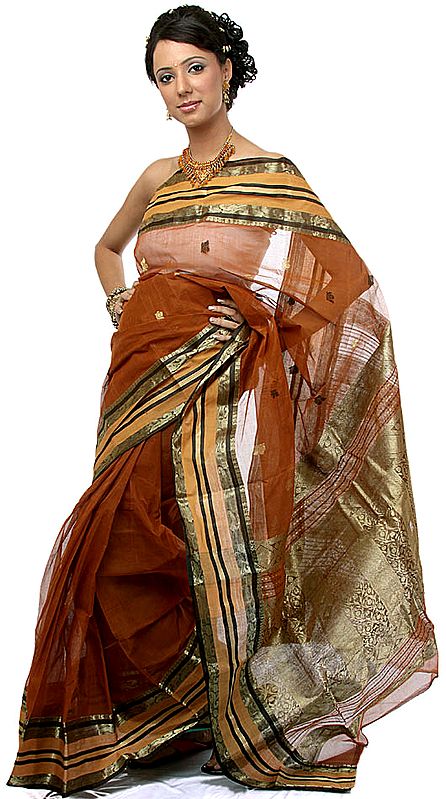 Brown Dhakai Hand-woven Sari from Bengal