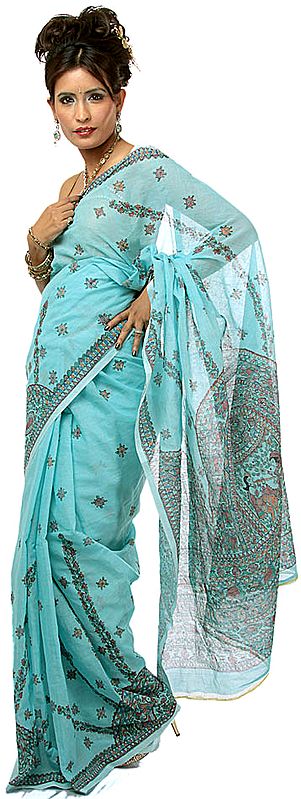 Sky-Blue Hand-Painted Folk Madhubani Sari from Bihar