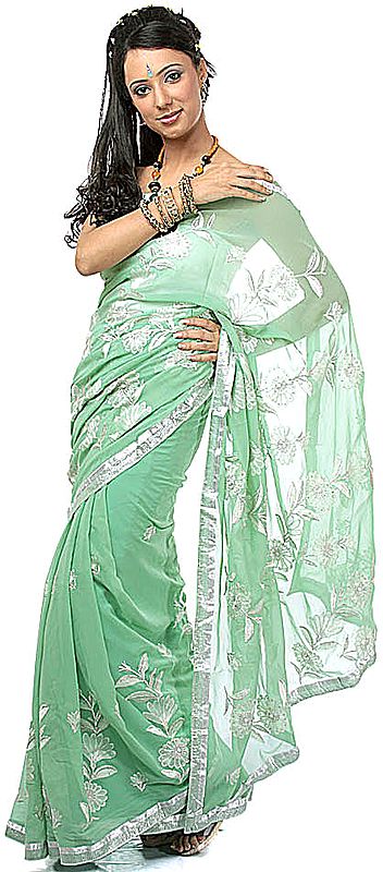Light-Green Sari with Floral Embroidery and Beadwork