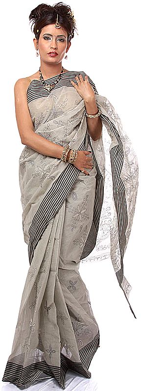 Gray Kantha Hand-Embroidered Sari from Bengal