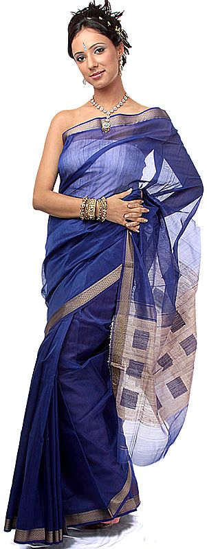 Royal-Blue Maheshwari Sari Hand-woven in Madhya Pradesh