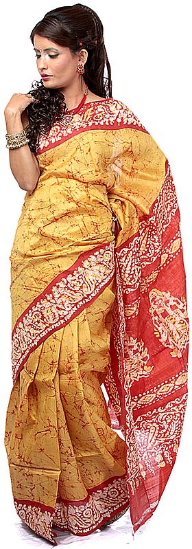 Amber and Red Batik Sari from Kolkata