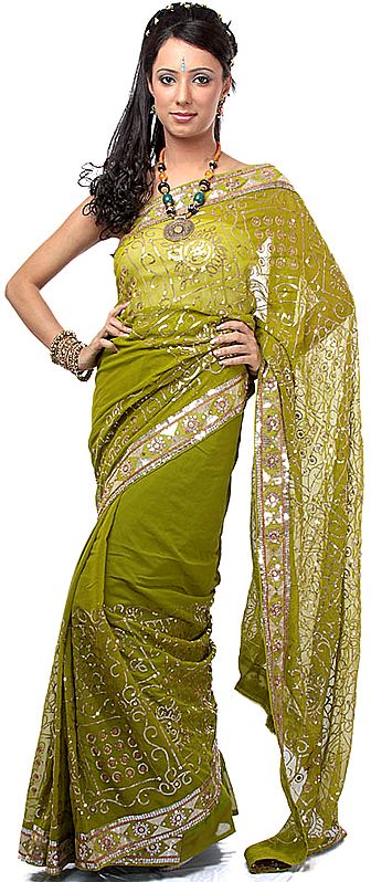 Oasis-Green Sari with All-Over Embroidered Sequins