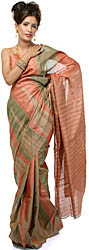 Tri-Color Kosa Silk Sari from Jharkhand with Giant Temple Weave