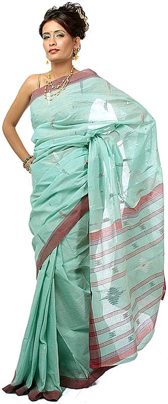 Light-Green Bengali Puja Sari with Woven Bootis