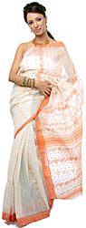 Ivory Dhakai Sari with Golden and and Orange Weave