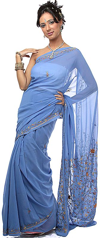 Riviera-Blue Sari with Parsi Embroidered Flowers