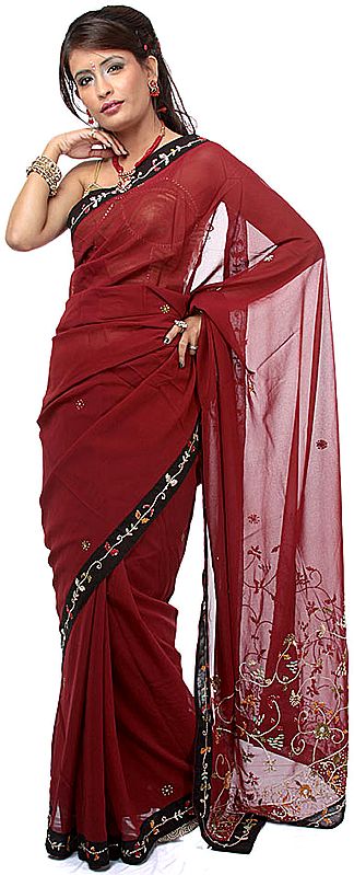 Tibetan-Red Sari with Embroidered Sequins