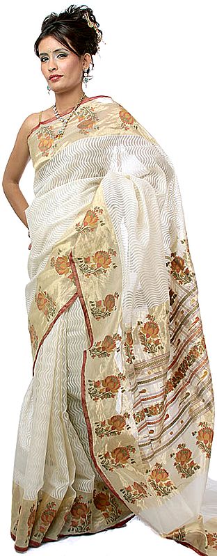 Ivory Handwoven Sari from Banaras with Floral Brocaded Border