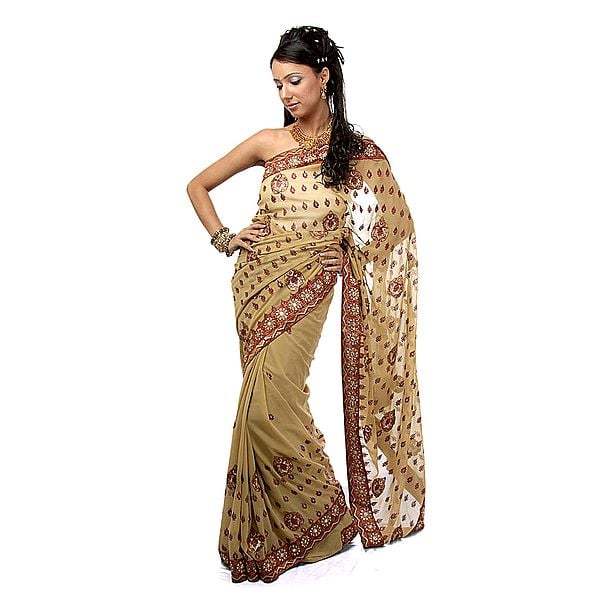 Beige Sari with Patch Border and Embroidered Bootis All-Over