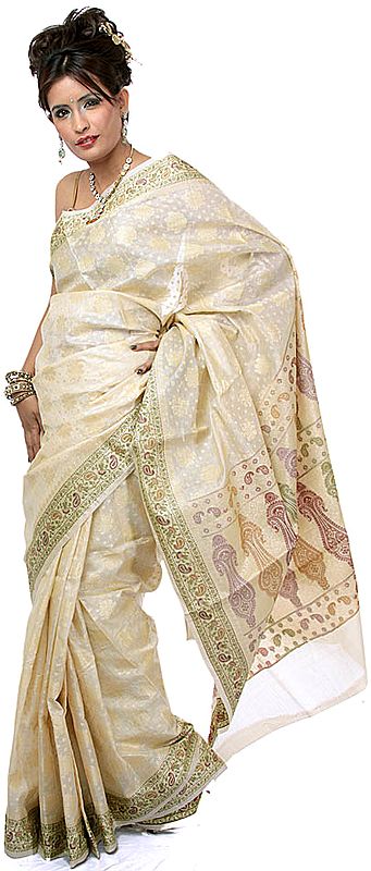 Ivory Banarasi Sari with All-Over Woven Flowers in Golden Thread and Brocaded Border
