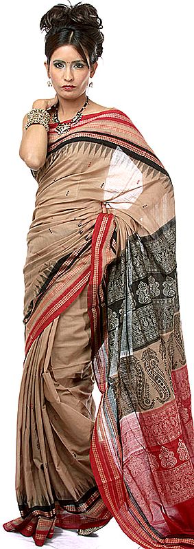 Khaki Hand-woven Bomkai Sari from Orissa