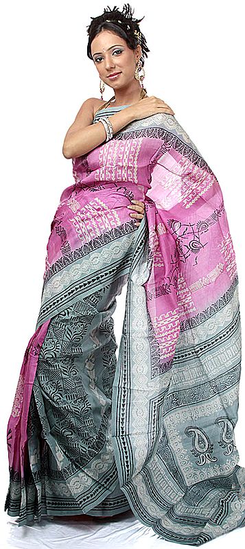 Pink and Gray Sari from Kolkata with Printed Paisleys