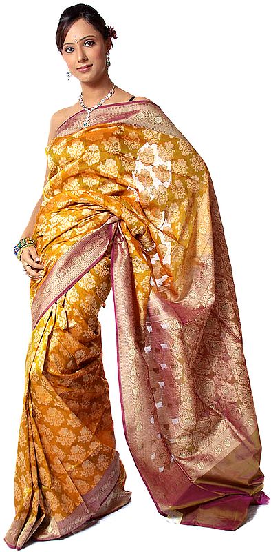 Amber Jamdani Sari from Banaras with Woven Bootis All-Over