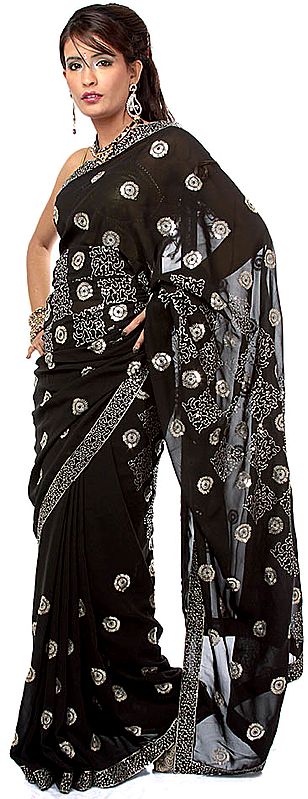Black Sari with Sequins Embroidered as Flowers