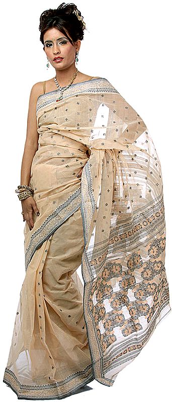 Fawn Dhakai Sari with Bootis Woven All-Over