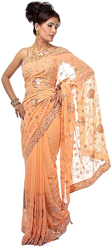 Light-Orange Sari with All-Over Embroidered Sequins