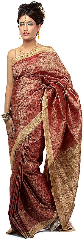 Red Tanchoi Banarasi Sari with All-Over Weave