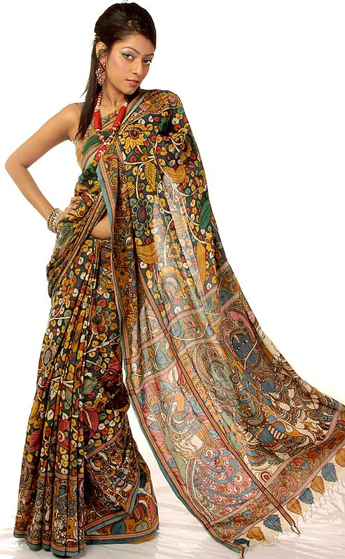 Multi-Color Kalamkari Sari from Andhra Pradesh with Hand-Painted Radha Krishna