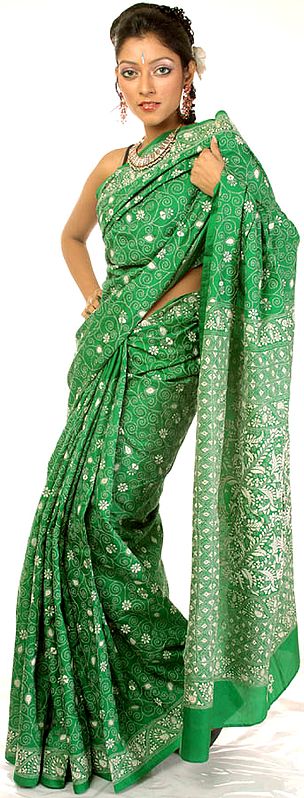 Islamic Green Kantha Sari with Hand-Embroidered Flowers