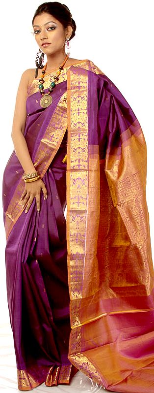 Purple Kanjivaram Sari with Golden Zari Weave and Anchal and Border