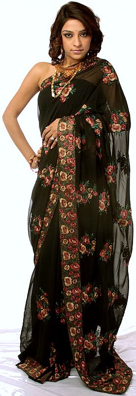 Black Wedding Sari with Parsi Embroidered Flowers All-Over