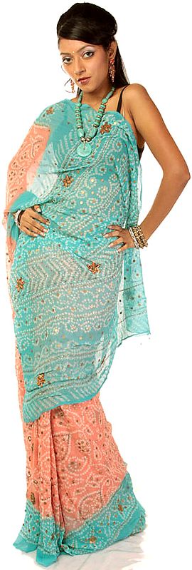 Coral and Turquoise Bandhani Sari with Sequins