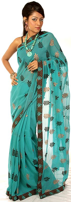 Teal Sari with Parsi Embroidered Christmas Trees All-Over