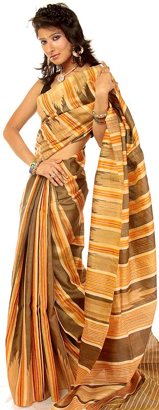 Amber and Beige Kosa Silk Sari from Jharkhand with Woven Stripes